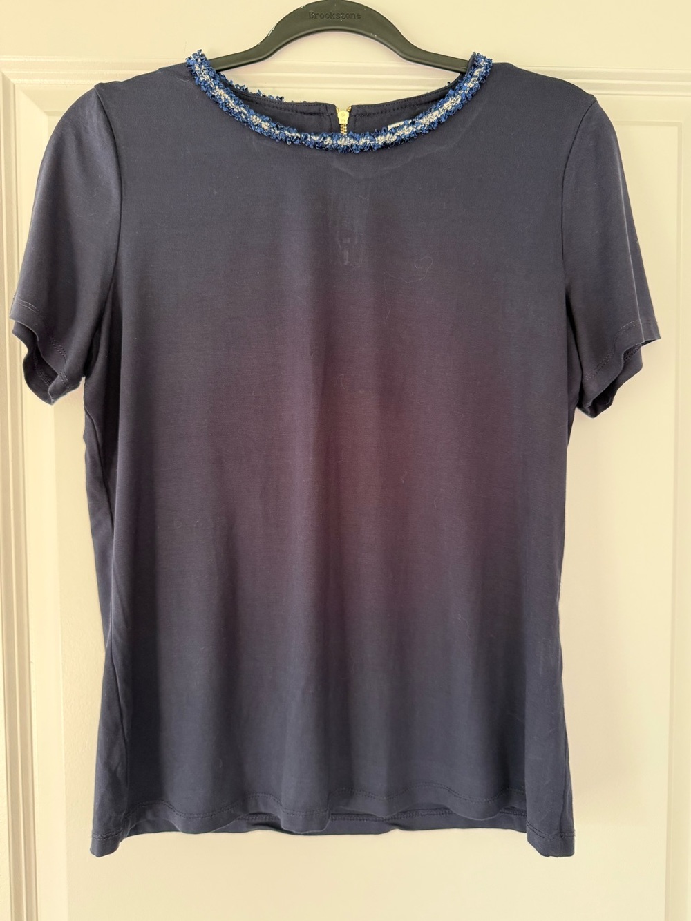 Navy Short Sleeve Tee with Textured Beaded Collar